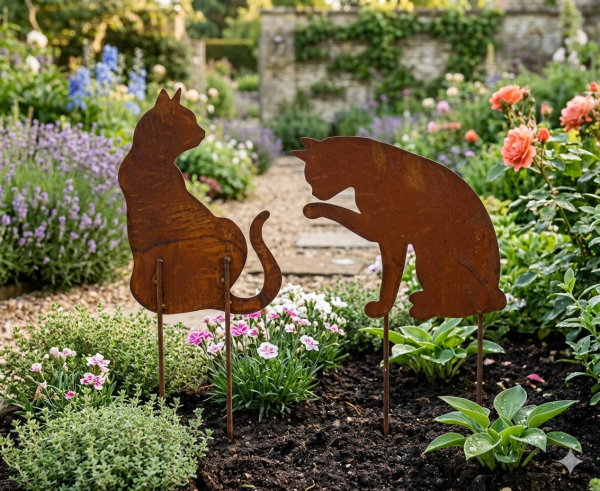 Metall-Gartenstecker „Katze“ im Rostlook – stilvolle Deko für Garten & Blumentopf